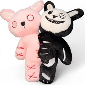 Adorable Black Pastel Pink Creepycute Gemini Siamese Twin Bunnies Plushie 10”